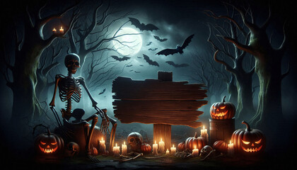 Halloween Scene with Carved Pumpkins, Skeletons, and Full Moon