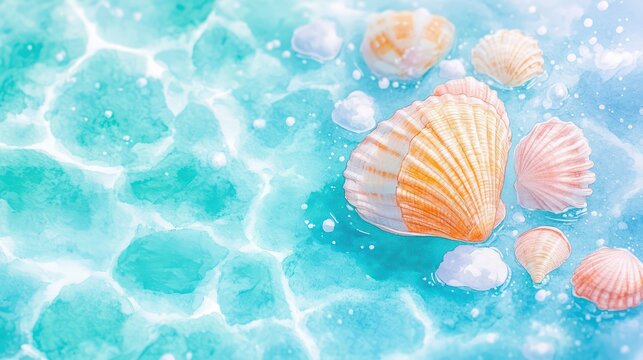 A serene ocean scene with colorful seashells resting on clear turquoise water, creating a tranquil and relaxing atmosphere.