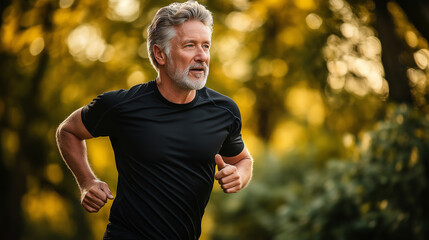 Senior man jogging in nature enjoying healthy lifestyle