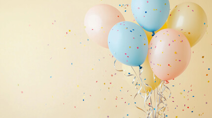A festive arrangement of pastel-colored balloons and confetti on a soft yellow background. Perfect for birthday celebrations, parties, and joyful events