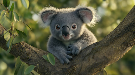 Fototapeta premium Adorable baby koala relaxing on eucalyptus tree branch