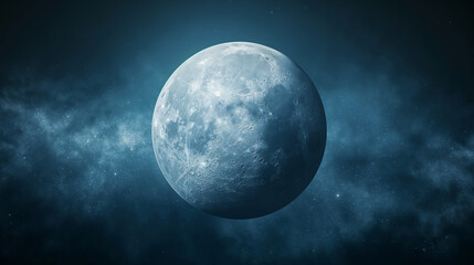 The moon shining in the deep blue space surrounded by stars