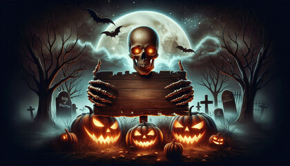 Halloween Scene with Full Moon, Carved Pumpkins, and Wooden Signpost