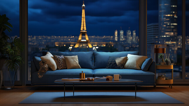 Modern living room overlooking the eiffel tower at night