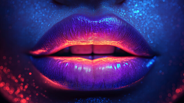 Woman showing neon lips with colorful makeup posing under blacklight