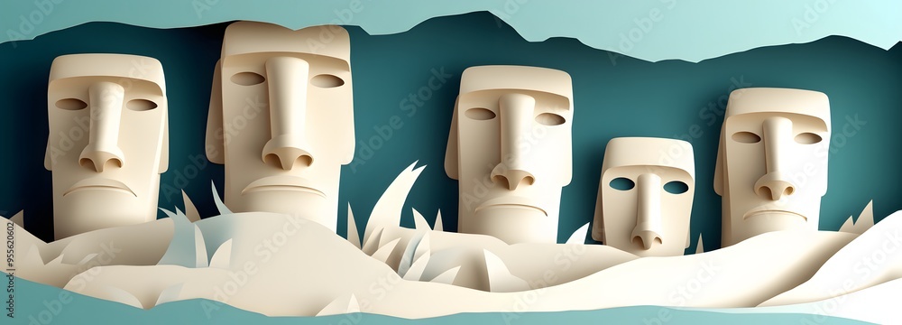 Poster 38. **design a 3d paper cut of the moai statues on easter island with their distinctive features, le