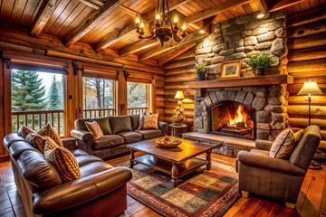 Cozy Log Cabin Living Room With Wooden Walls, A Stone Fireplace, Comfortable Seating, And A Warm Ambience