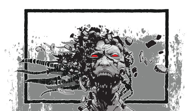 Fototapeta Graphic illustration of a head screaming aggressively, with a shattered and fragmented effect, conveying intense emotion and chaos.