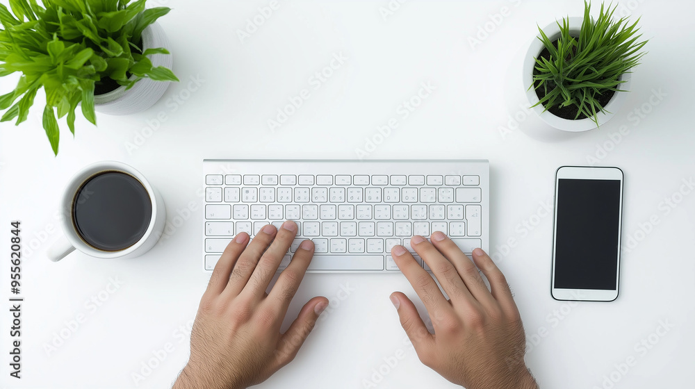 Aufkleber office worker typing on keyboard with coffee and plants on desk