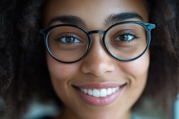 Drawn Happy Face. Closeup Portrait of Young Biracial Woman Wearing Eyeglasses