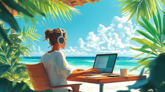 Freelancer working remotely from tropical beach paradise destination - Powered by Adobe