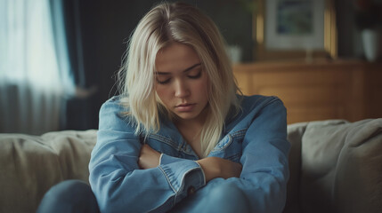 Sad young woman feeling depressed on sofa at home