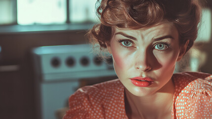 A vintage retro styled woman following the tradwife trend is in her perfect kitchen looking sad and desperate, despairing. Landscape format 16:9 with copy space.
