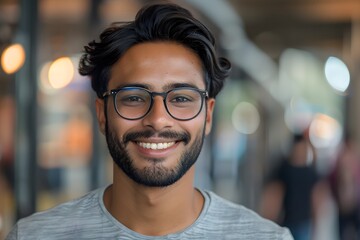 Obraz premium Smiling Young Man with Glasses in a Lively Urban Setting