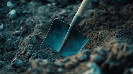 Shovel digging hole in ground for foundation building work