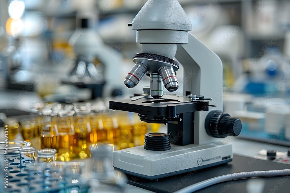 Poster advanced laboratory microscope surrounded by glassware and samples