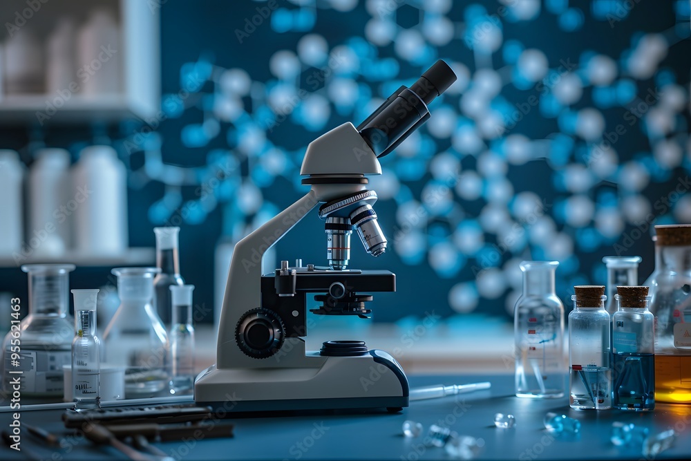 Poster a close-up of a laboratory microscope surrounded by glassware and chemical structures