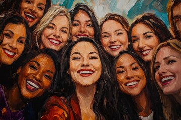 Fototapeta premium Paintings of Women. Business Women in Office Selfie with Happy Friends, Smiling Together in Support of Collaboration
