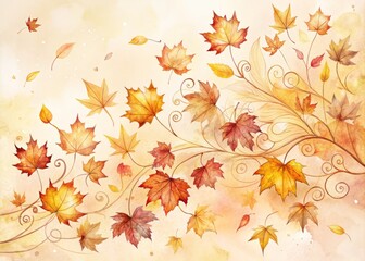 Delicate, dreamy watercolor illustration of swirling autumn leaves in shades of amber, crimson, and gold, scattered