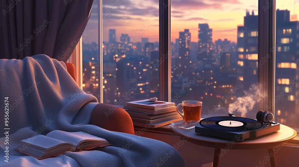 Sticker Cozy evening setting with a warm blanket, a record player, and a cityscape view at sunset