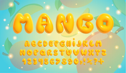 yellow 3d vector font. Summer inflatable bubble stylish English alphabet in mango color
