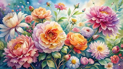 Delicate, dreamy watercolor paintings depict vibrant, blooming flowers in soft, swirling hues, capturing the gentle