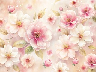 Delicate pink watercolor flowers with soft petals and subtle texture, gently scattered across a creamy white