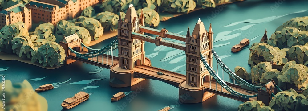 Poster 17. **create a 3d paper cut scene of tower bridge in london with its detailed design, with ample spa