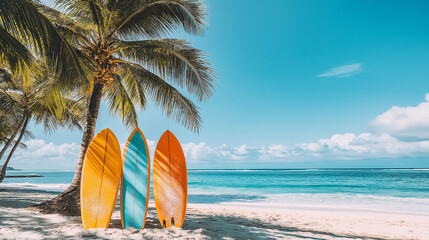 Three surfboards leaning on palm tree on tropical beach with turquoise water