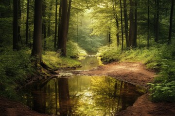 Naklejka premium Woods with Creek. Serene Forest Landscape with Tree and Water Stream