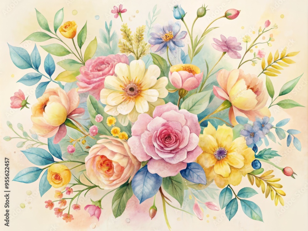 Canvas Prints delicate watercolor flowers in soft hues of pink, yellow, and blue, arranged in a whimsical bouquet 