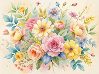 Delicate watercolor flowers in soft hues of pink, yellow, and blue, arranged in a whimsical bouquet against a