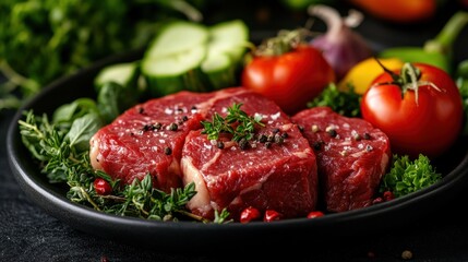 Fototapeta premium Meat and vegetables healthy food diet. Juicy steaks of fresh red meat. Barbecue set.