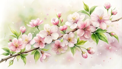 Fototapeta premium Delicate watercolor illustration of a beautiful cherry blossom branch with soft pink flowers and gentle green leaves