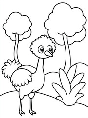 Fototapeta premium Cute Ostrich Cartoon Art Vector svg lineart coloring page