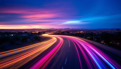Fototapeta premium A dynamic, long-exposure shot of a highway at dusk, with bright, colorful light trails from cars