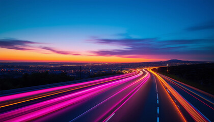 Obraz premium A dynamic, long-exposure shot of a highway at dusk, with bright, colorful light trails from cars