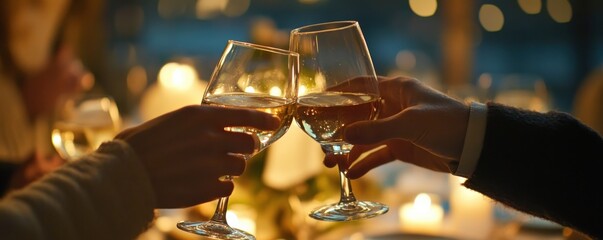 Naklejka premium Two people toasting with glasses of aquavit in a warm, festive setting celebrating Swedish tradition and friendship