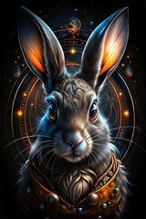 Mystical Halloween rabbit  against a fantastical dark background. Concept for posters, wallpapers and prints fot t-shirts