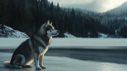 Husky Dog on a Frozen Lake
