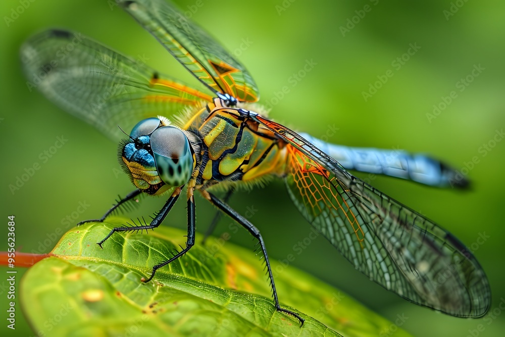 Wall mural Stunning Close-Up of a Colorful Dragonfly Resting on a Leaf