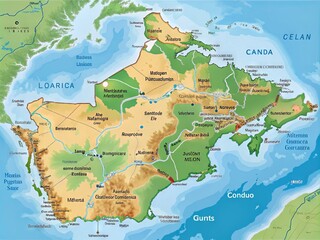 Fototapeta premium Detailed Map Of The Canadian Province Of Quebec Highlighting Major Cities, Towns, Bodies Of Water, And Geographical