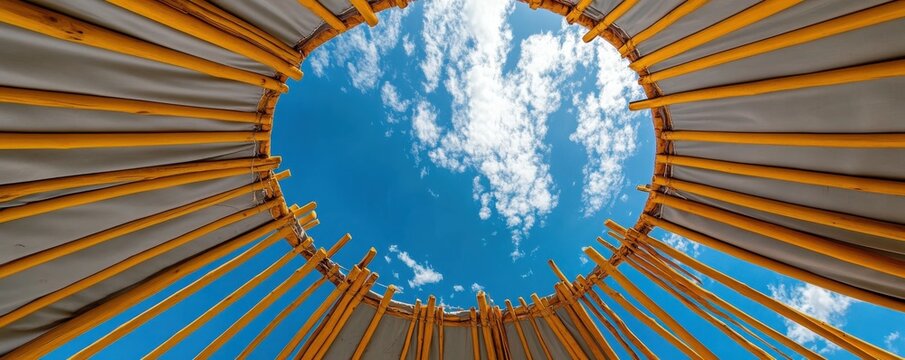 Circular yurt structure with wooden beams looking up at bright blue sky and scattered clouds