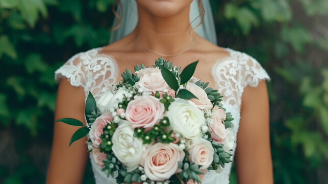 Bride Holding Wedding Bouquet Close . Rustic Boh