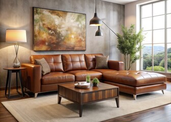 Elegant brown leather sofa and ottoman set amidst sleek modern coffee table, floor lamp, and abstract artwork in
