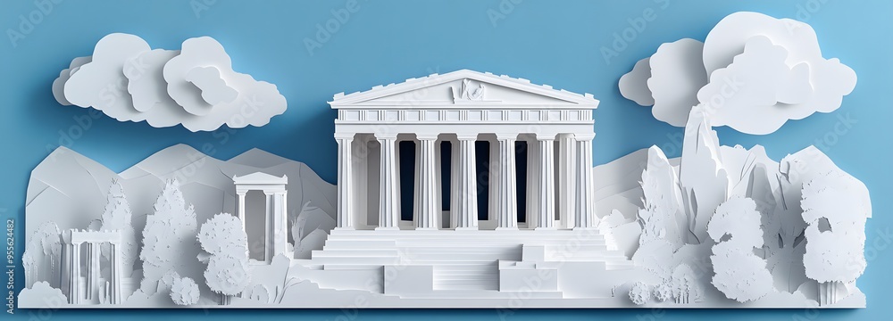 Poster 23. **illustrate a 3d paper cut of the parthenon in athens with its grand columns, leaving ample spa