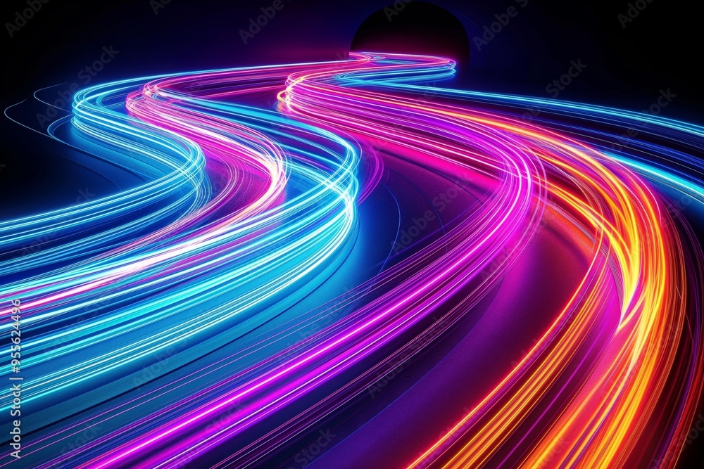 Poster colorful light trails flowing in abstract motion on dark background