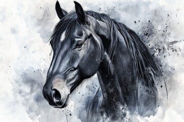 Farm Animal Drawings. Aquarelle Portrait of a Black Horse in Creative Abstract Style