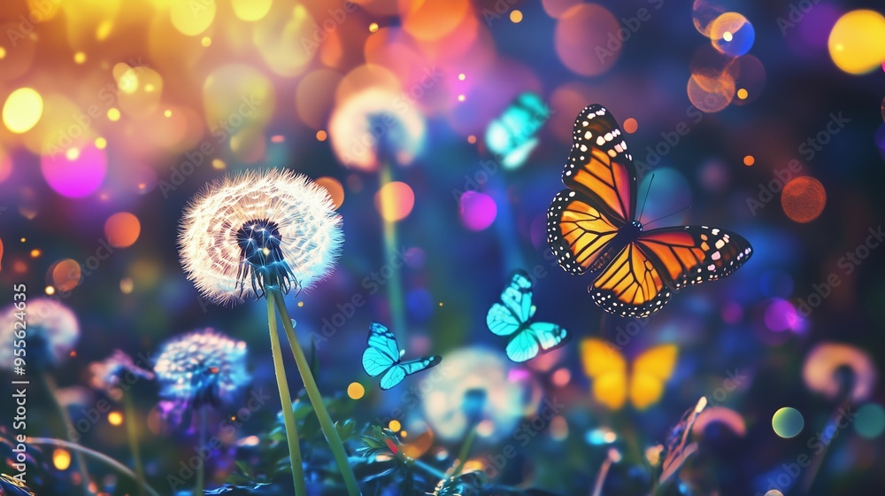 Poster Colorful butterflies fluttering around dandelions in a vibrant garden setting during springtime