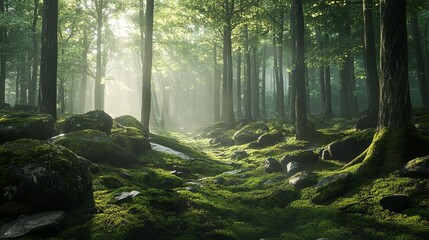 Misty forest, sunlight through trees, moss covered rocks